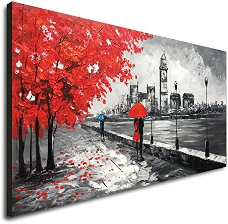 Everlands Art Red Umbrella People Canvas Wall Art Hand Painted Oil Painting Landscape Decor Romantic Couple London Modern Artwork Framed and Stretched 48x24 inch