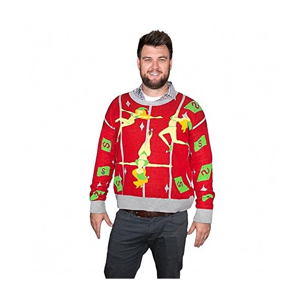 FunQi Pole Dancing Elves Ugly Christmas Sweater, Red