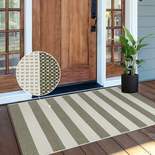 Photo 1 of OJIA Striped Rug 24"x51" Washable Fall Front Door Mat Halloween Doormat Woven Entry Rug Cotton Indoor Outdoor Rug Small Checkered Rugs for Porch Kitchen Entryway Patio Bathroom (Green/White/Tan)