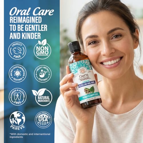 GuruNanda CocoMint Oil Pulling Mouthwash for Complete Oral Hygiene, 7 Essential Oils & Vitamins for Happy Teeth & Gums & Fresh Breath with Toothbrush & Tongue Scraper, Alcohol & Peroxide Free, 8 oz