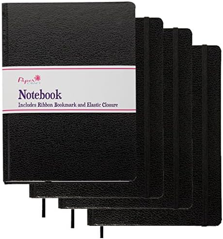 Paper Craft (4 Pack) 8.5 x 5.5 Leatherette Lined Writing Journals Wide Ruled Banded Notebook with Ribbon Bookmark, Black, (a5 Size)