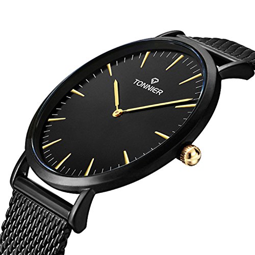 Tonnier black slim stainless steel mesh strap mens watc…
