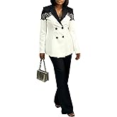 Womens Pant Suit 2 Piece Sets Dressy Double Breasted Lace Blazer Straight Leg Pant Set Business Outfits