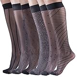 Womens Sheer Fashion Trouser Socks, Patterned Nylon Knee Highs (Assorted (6 Pack))