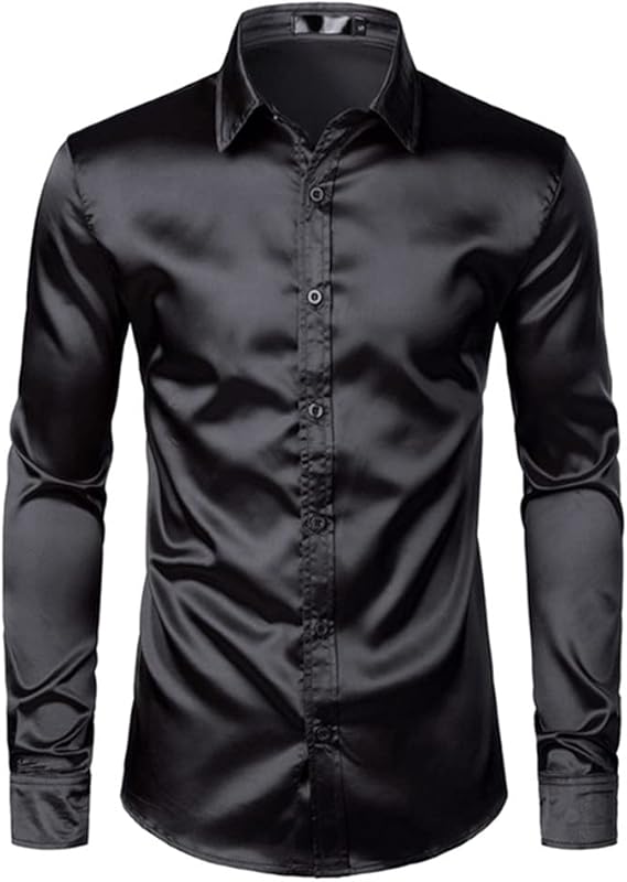 N\P Men's Black Satin Dress Shirts Silk Smooth Men Tuxedo Shirt Slim