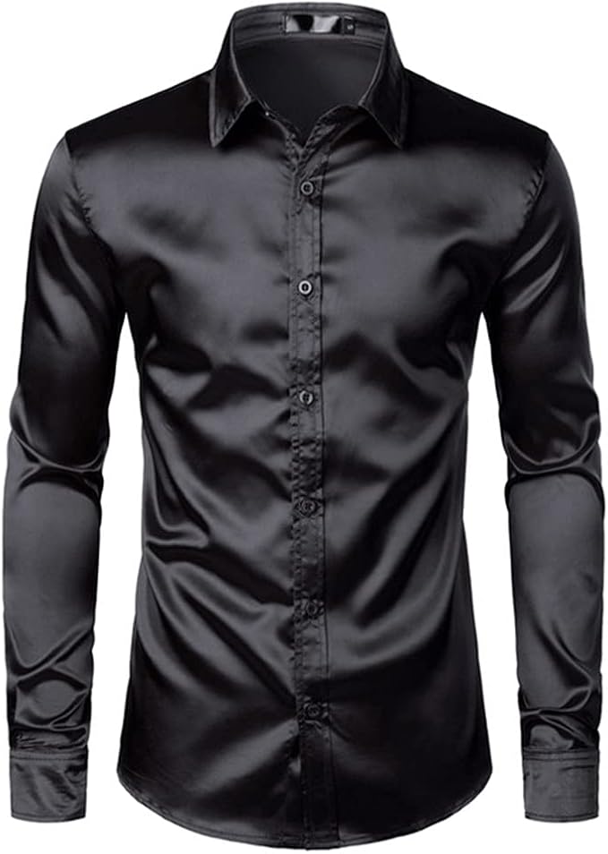 N\P Men's Black Satin Dress Shirts Silk Smooth Men Tuxedo Shirt Slim Amazon.co.uk Clothing