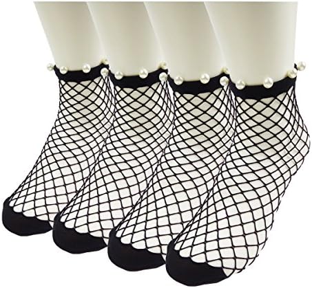 HWELL Sexy Fishnet Socks, Pearl Womens Black Lace Mesh Ankle Crew Socks, 4 Pairs(Pearl)