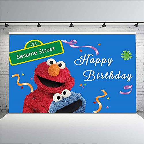 Sesame Street Party Photography Background 7x5ft Blue Happy Birthday Backdrops Elmo for Kids Custom Baby Photos with Name Birthday Photo Backgrounds