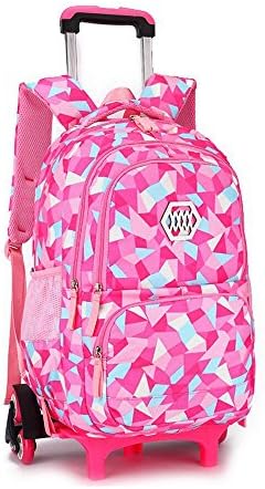 YUB New School Bag Girls’ Backpack Wheeled Schoolbag Rolling Backpacks Waterproof Rose Red with Six Wheels