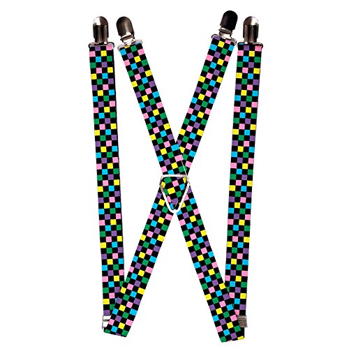 Pastel Rainbow Colors and Black Checkered Flag Plaid Checkers Suspenders