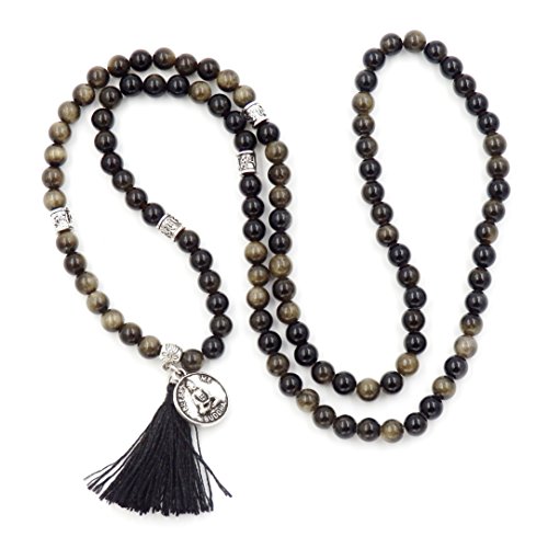 Mala Beads Bracelet, Buddhist Mala Prayer Beads, Buddha Bless Me Statement Necklace (Golden Obsidian)
