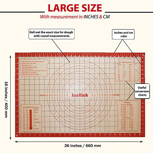 Silicone Pastry Baking Mat Large Non Slip Rolling Dough with Measurements Conversion Non Stick Pizza Fondant Pie Crust Mat Kneading Board 26x16 Inch by SUNRICH - Thumbnail 5