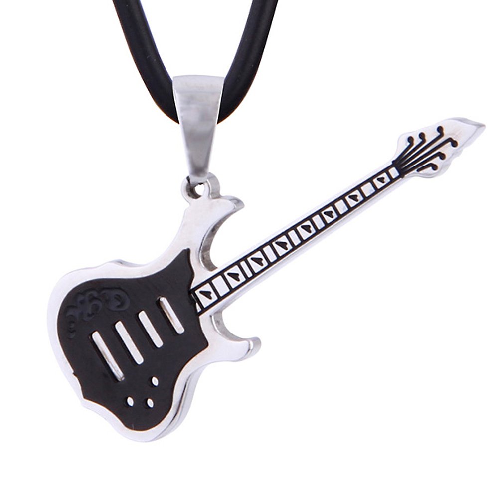 DonDon Men´s Necklace Leather 50 cm 19,7" with Electric Guitar Pendant Black Stainless Steel in a Velvet Gift Bag