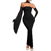 ChiaoLezhee Women's Bodycon Dress with Scarf & Gloves, Tube Ruched Slit Maxi Elegant Dress Set for Evening Party