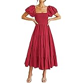 Plustrong Womens Square Neck Smocked Boho Maxi Dress Summer Flowy Long Beach Party Wedding Guest Dresses