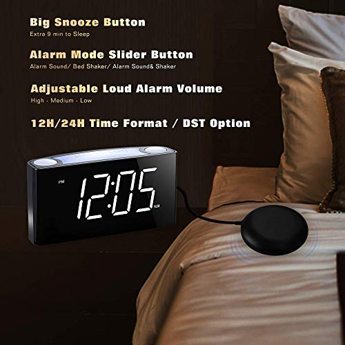 ROCAM Vibrating Loud Alarm Clock with Bed Shaker, Best Sounds, Large LED Display with Dimmer, 7 Colored Night Light, Dual USB Charging Ports for Heavy Sleepers, Hearing Impaired, Deaf People, Seniors