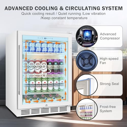 24 Inch Beverage Refrigerator, 150 Cans Wide Beverage Cooler and Beer Fridge with Glass Door and Powerful Cooling Compressor, Built-in/Freestanding Drink Fridge for Kitchen, Bar or Office,White