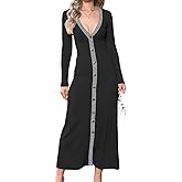 Women's Long Sleeve Ribbed Knit Bodycon Sweater V-Neck Button Down Color Blocked Casual Midi Party Dress