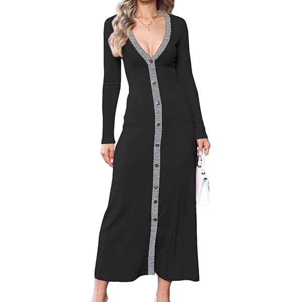 Honganda Women's Ribbed Sweater Dress Long Sleeve Crew Neck