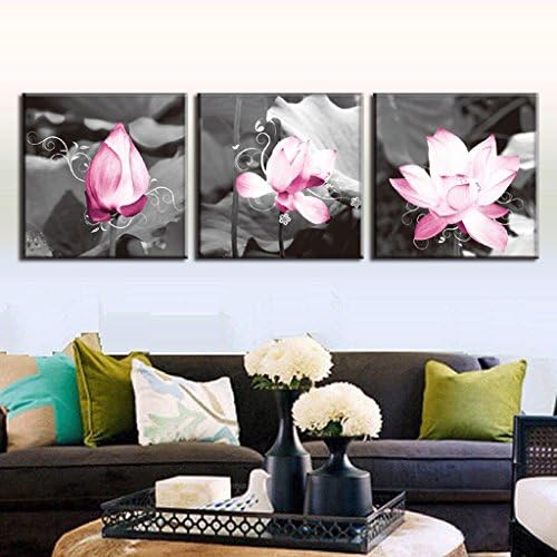 Gorgeous Pink Lotus Black And White Canvas Art Print on Canvas set of 3 Modern Home Wall Painting Decor Art