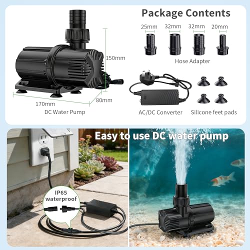 POPOSOAP 6000 L/h DC Pond Pump, Safe Low Voltage Quiet Fountain Pump with AC/DC Converter, 4 Hose Adapters for Garden Ponds, Aquariums, Fountains, Water Features