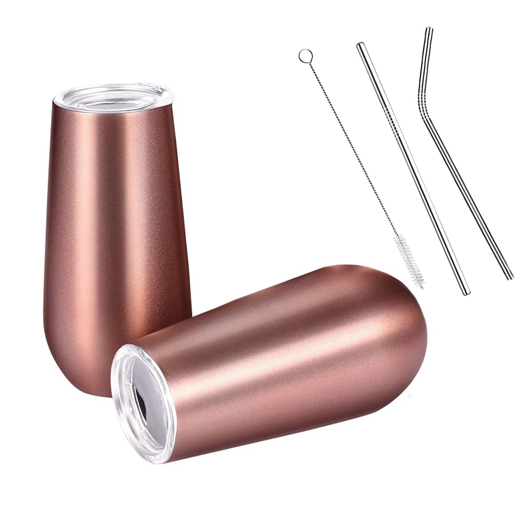 Stainless Steel Champagne Flutes Stemless Wine Glass with Lid and Straw 170ml Insulated Champagne Glass Tumbler Dishwasher Safe, Rosegold, Set of 2, with Greeting Card
