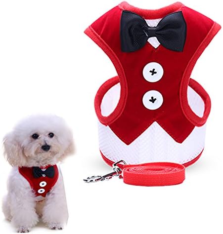 uFashion3C Dog Harness and Leash Set With Fancy Dress Black Bow Tie and Red Vest for Puppies and Smaller Dogs (Large, Red)