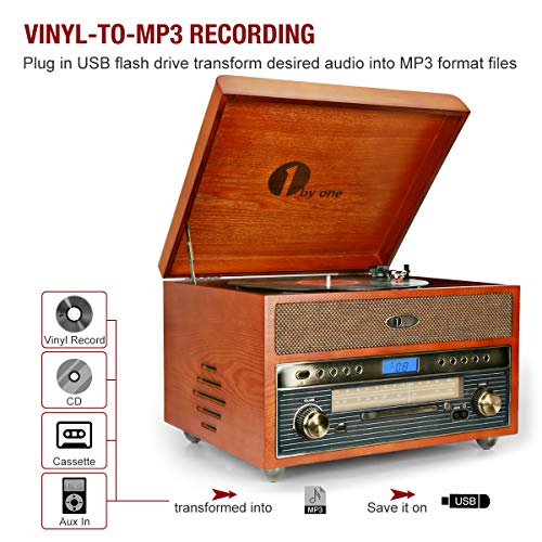 1byone Nostalgic Wooden Turntable Wireless Vinyl Record Player with AM