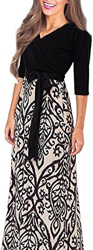 SUNTTON Women's V-Neck 3/4 Sleeves Long Maxi Casual Party Dress with Belt