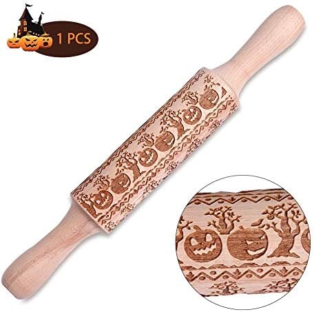 JCWL Halloween Wooden Embossed Rolling Pin Cookies Willow Wood Pumpkin Pie Floral 3D Engraved Patterned Safe Non-Toxic Deep Design Tool for Halloween Festival Cake Baking
