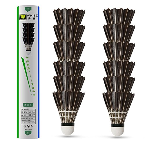WHIZZ Badminton Shuttlecocks,12-Pack Goose Feather Badminton Birdies Balls with Great Stability and Durability for Indoor/Outdoor Sport Training Games, Black