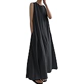CHARTOU Women Casual Cotton Linen Sleeveless Maxi Dress Ruffle Shift Dress Flowy Beach Summer Long Tank Dress