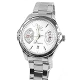 PIXNOR SHENHUA Men Boys Round Dial Stainless Steel Band Automatic Mechanical Wrist Watch with Date (White+Silver)