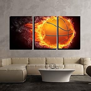 3 Piece Canvas Wall Art - Basketball Ball on Fire. 2D Graphics. Computer Design. - Modern Home Art Stretched and Framed Ready to Hang - 16"x24"x3 Panels