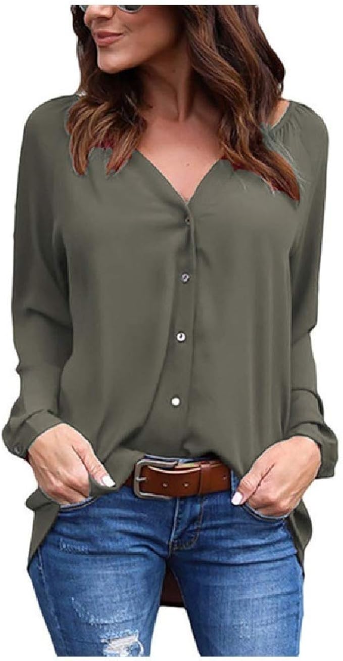 Women Loose Chiffon Button Down Casual TShirt Blouse Top at Amazon