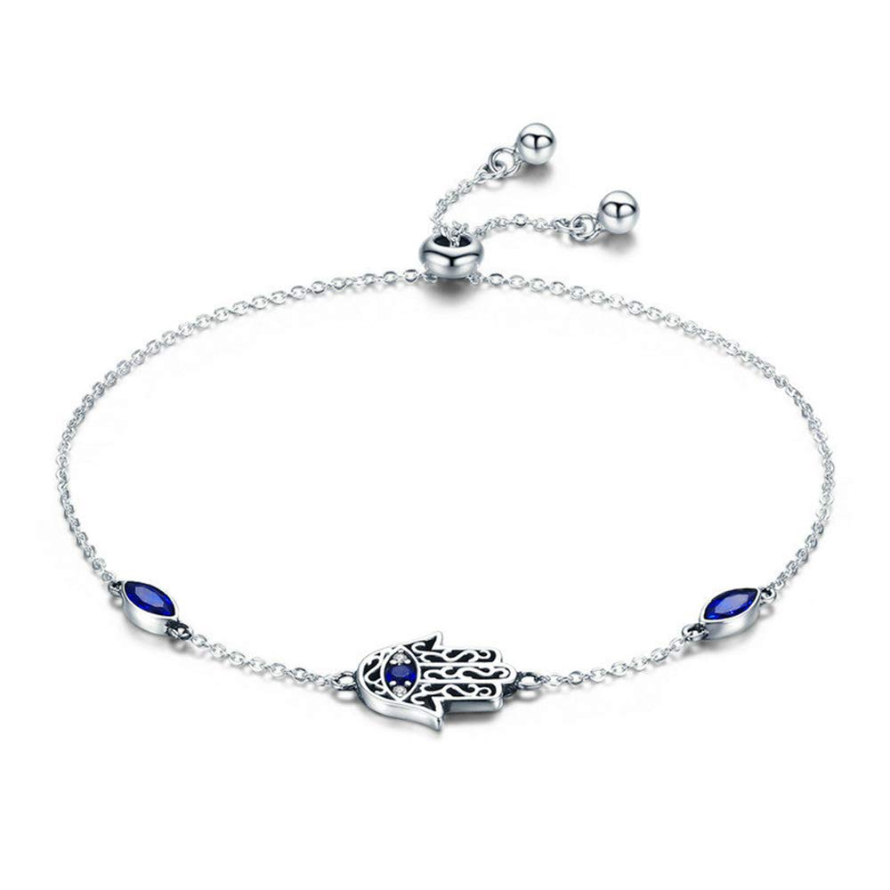 NEWL 925 Sterling Silver Lucky Hamsa Fatima Hand Chain Link Bracelets for Women Blue CZ Silver Jewelry