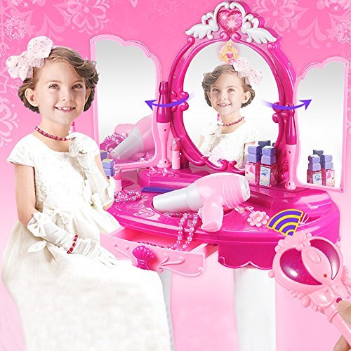 Yosoo Girls Dressing Make Up Table Kids Toy Vanities Mirror Pretend Makeup Vanity Table Set