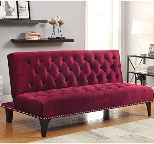 A Line Furniture Xnron Button Tufted Burgundy Velvet Sofa Bed Lounger with Nailhead Trim