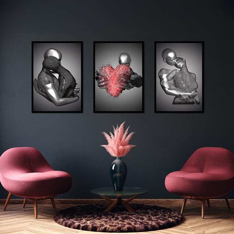 WADBTP Modern Art Metal Figure Canvas Painting Poster, Metal 3D Sculpture Effect, Romantic Lovers Hug Home Poster Set, Frameless (Style 1, 30X40CM*3)
