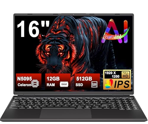 2025 Gaming Laptop 16 Inch Win11 12 + 512GB SSD Support 2TB (HDD-2TB) 1920 x 1200 Notebook 4 Core Celeron N5095 (up to 2.9GHz) Laptop with WiFi Mini HDMI Numeric Keyboard, Keyboard Protection
