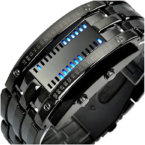 Fashion Mens Binary Sports Watch Digital LED Matrix Waterproof Outdoor Casual Black Bracelet Square Blue Backlit Watches