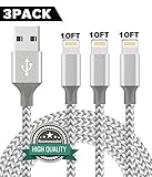 Youer Lightning Cable 3Pack 10FT Nylon Braided Certified iPhone Cable USB Cord Charging Charger for Apple iPhone 8, X, 7, 7 Plus, 6, 6s, 6+, 5, 5c, 5s, SE, iPad, iPod Nano, Touch (Grey White)