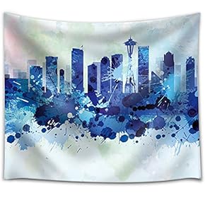 Vibrant Blue Splattered Paint on The City of Seattle - Fabric Tapestry, Home Decor - 51x60 inches