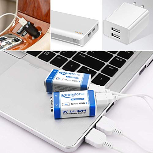 9V Block Batterien, USB Wiederaufladbar Lithium-Ion Bateria 650mAh E-Block PP3 Akku mit Micro-USB-Kabel für Tastatur Mikrofon Rauchmelder-Keenstone 4 Stück Blockbatterien