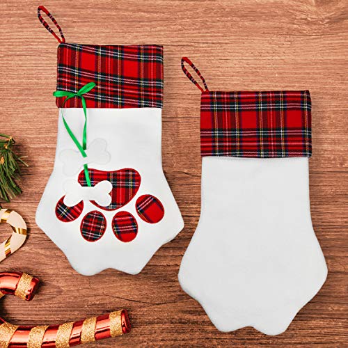 Aiduy Pet Christmas Stocking, 18" Dog Paw Christmas Stockings Hanging Plaid Cat Xmas Stockings for Christmas Decorations and Holiday Decor, 2 Pack