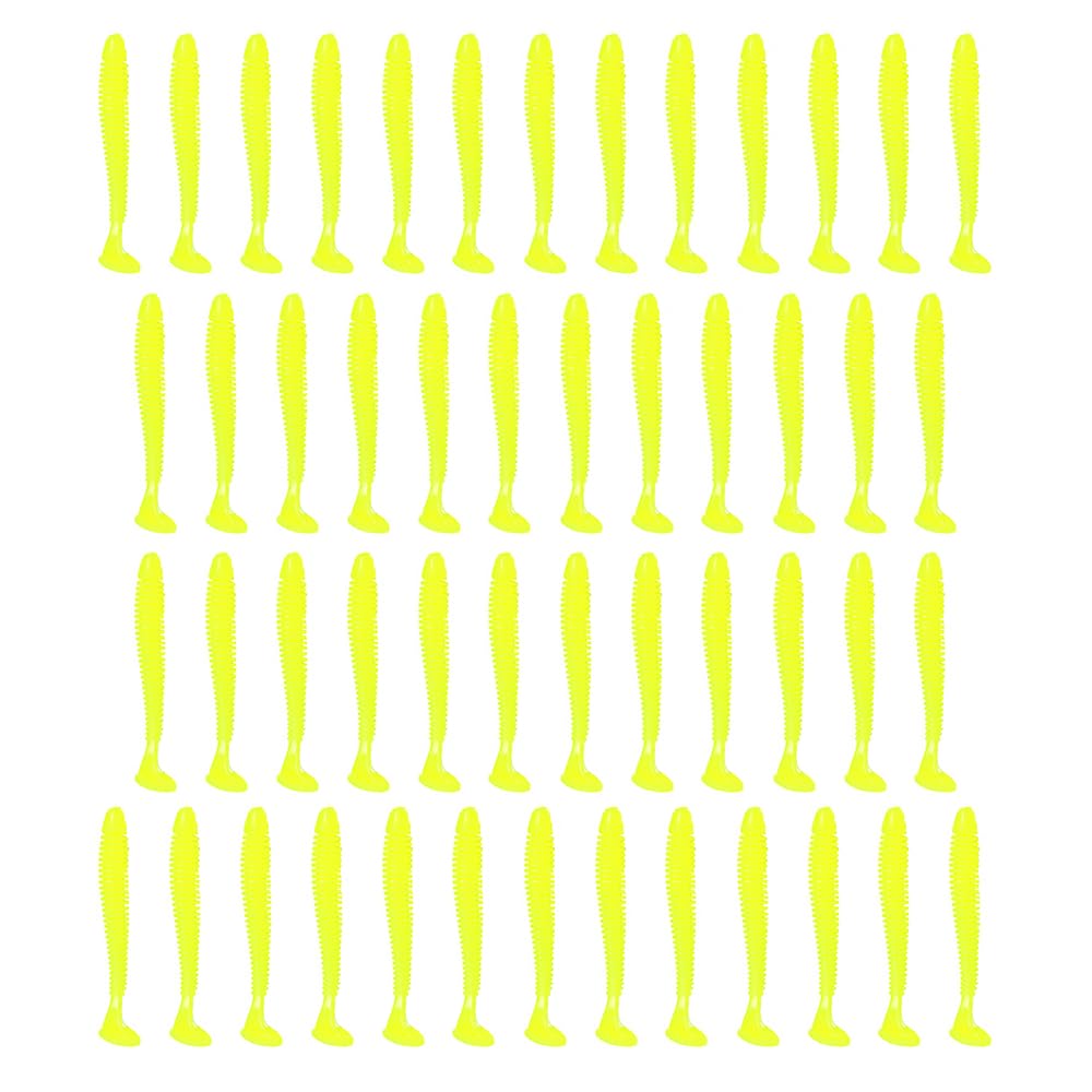 50Pcs Yellow Soft Plastic T-Tail Grub Worm Baits Fishing Lures Fish Tackle Gear Accessories Suitable for Catching Bass Trout Salmon