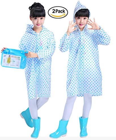 Smartown Age 6-14 Kids Dots Style Hooded Rain Poncho Raincoat Cover Long Rainwear Blue For Girls - 2 Pack