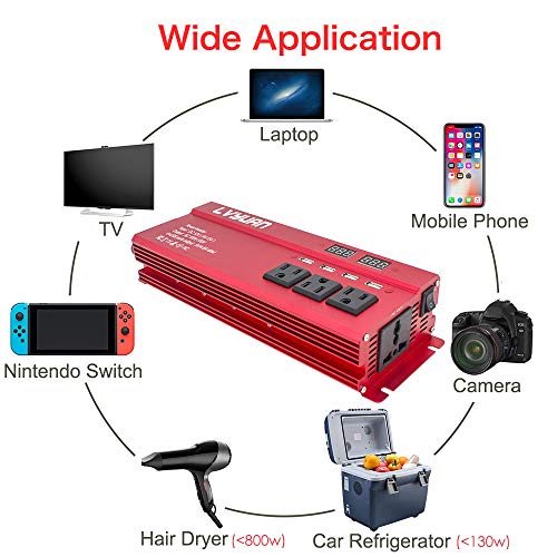 Cantonape 1000W/2000W(Surge) Car Power Inverter DC 12V to 110V AC with 4 Outlets, 4 USB Ports and Input/Output LED Display