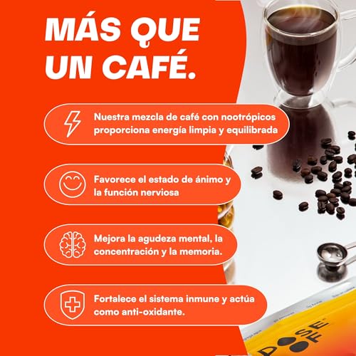 DOSE OF | Café con Hongos Adaptógenos | Mushroom Coffee Soluble | Melena de León 500mg, Chaga 500mg y L-Teanina 200mg | Energía y Concentración | Nootropico Natural | 30 Porciones | Sin Sellos