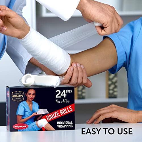 Premium Gauze Rolls 24 pack 4" Individually Wrapped + Bonus Tape First Aid Conforming